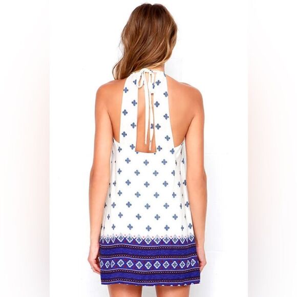 Lulu’s Dee Elle Aegean Islands White & Blue Printed Halter Mini Dress XS - Picture 4 of 6
